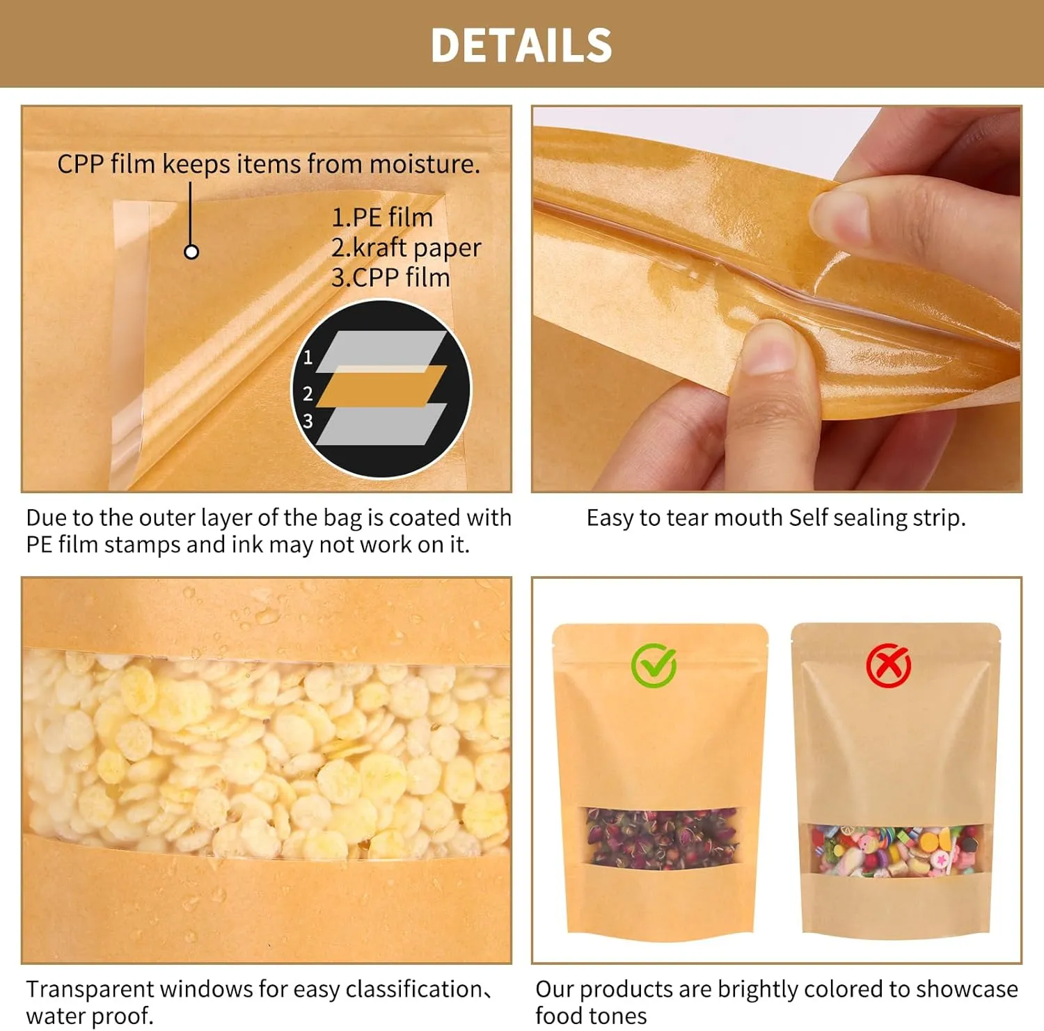 Moretoes 120pcs Resealable Bags, 5.9x8.6 Inches Kraft Bags with Window, Brown Ziplock Coffee Pouches for Home or Business