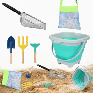 Mototo 6 Pack Beach Toys Set, Collapsible Beach Toys Included Foldable Bucket with Handle Sand Scooper Seashell Bag Mesh Shovel Hand Rake Fork Sand Sifter for Picking Up Shells Vacation Outdoor Play