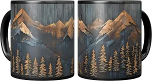 Mountains and Forest Trees Coffee Mug, Outdoorsy Gift for Nature Lovers, Hikers, Campers & Rustic Cabin Decor Enthusiasts, Full-Wrap Printed Wood Panel Design, 11oz Black Ceramic Cup