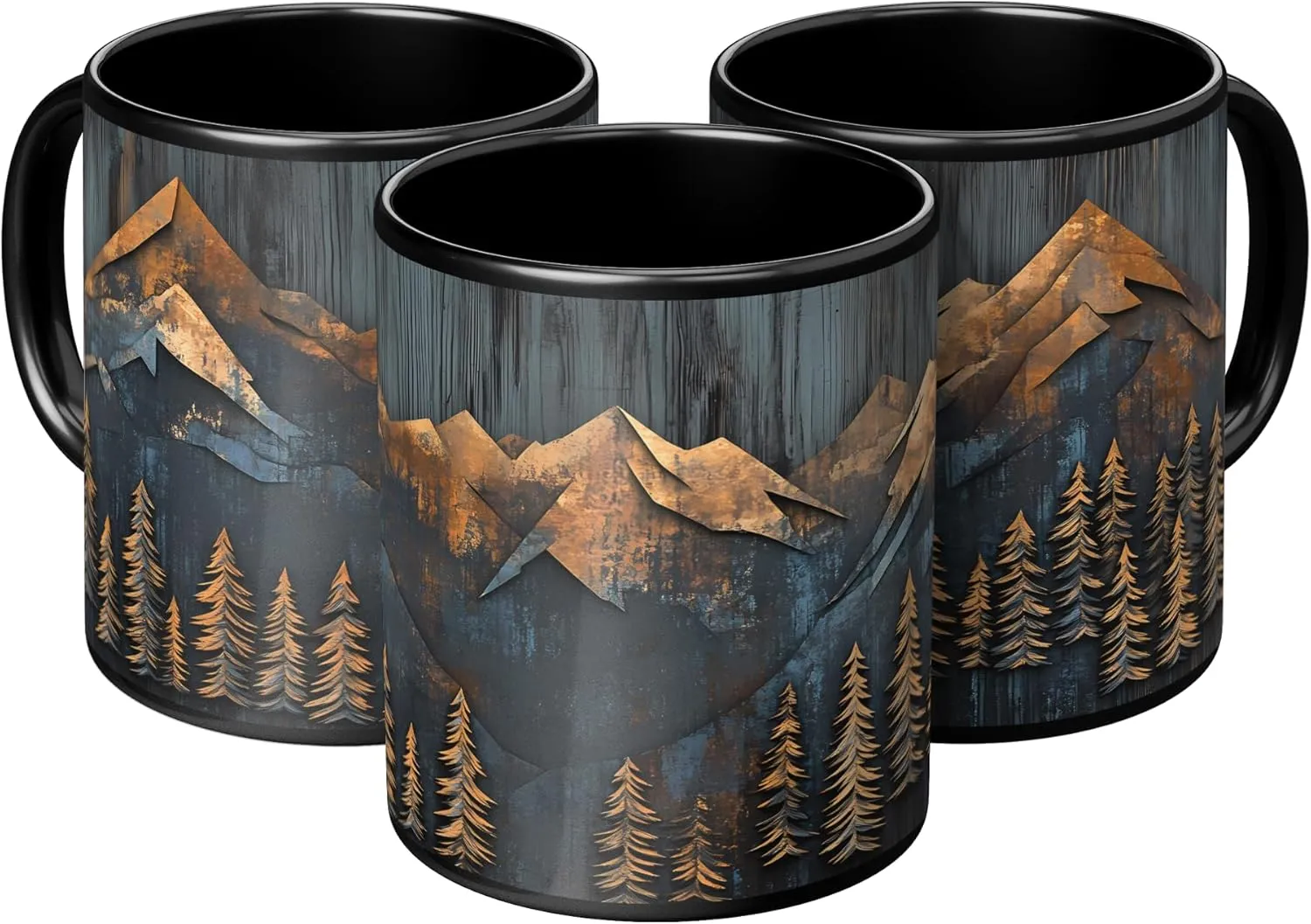 Mountains and Forest Trees Coffee Mug, Outdoorsy Gift for Nature Lovers, Hikers, Campers & Rustic Cabin Decor Enthusiasts, Full-Wrap Printed Wood Panel Design, 11oz Black Ceramic Cup