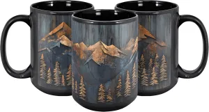 Mountains and Forest Trees Coffee Mug, Outdoorsy Gift for Nature Lovers, Hikers, Campers & Rustic Cabin Decor Enthusiasts, Full-Wrap Printed Wood Panel Design, 15oz Black Ceramic Cup