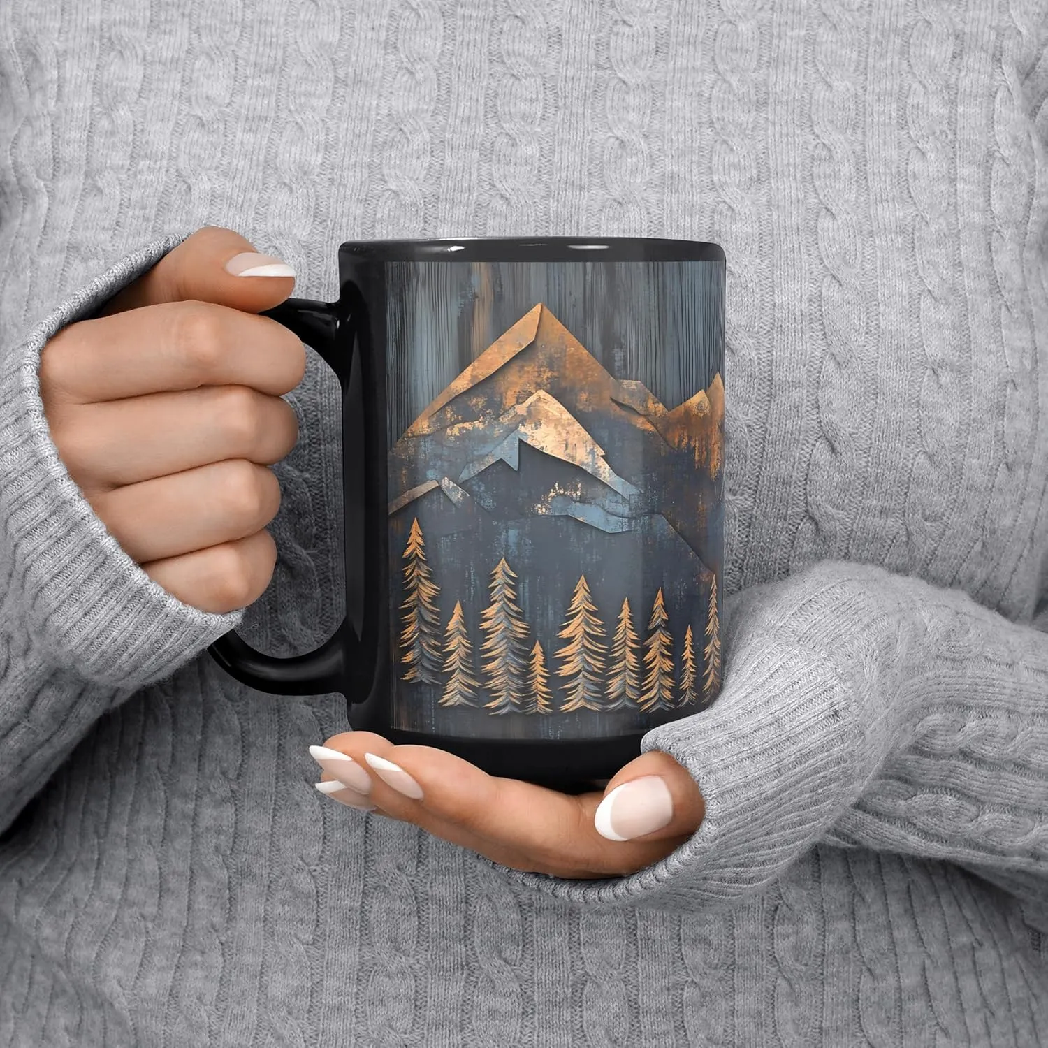 Mountains and Forest Trees Coffee Mug, Outdoorsy Gift for Nature Lovers, Hikers, Campers & Rustic Cabin Decor Enthusiasts, Full-Wrap Printed Wood Panel Design, 15oz Black Ceramic Cup