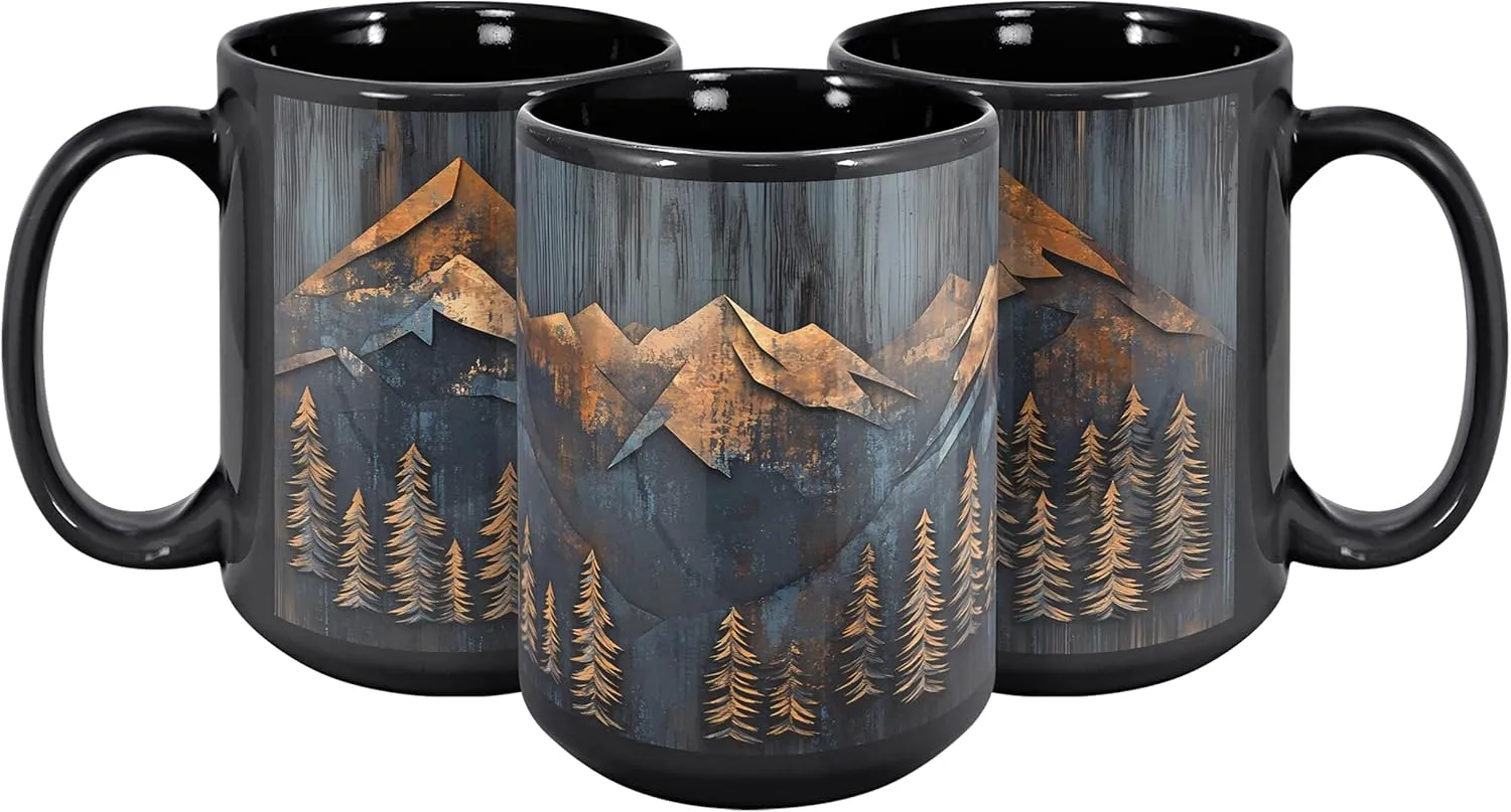 Mountains and Forest Trees Coffee Mug, Outdoorsy Gift for Nature Lovers, Hikers, Campers & Rustic Cabin Decor Enthusiasts, Full-Wrap Printed Wood Panel Design, 15oz Black Ceramic Cup