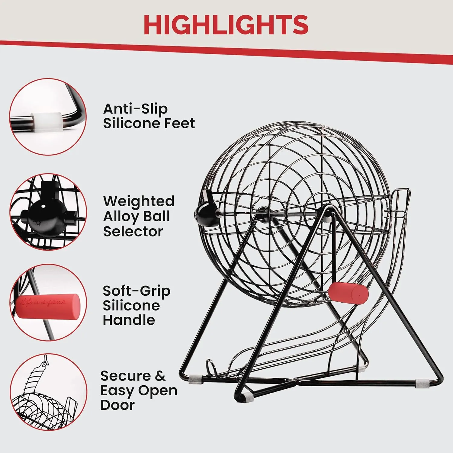 MR CHIPS 11" (Inch) Tall Professional Bingo Set with Steel Cage, Everlasting 7/8” Balls, 18 Cards and 300 Chips - Mysterious Black Color