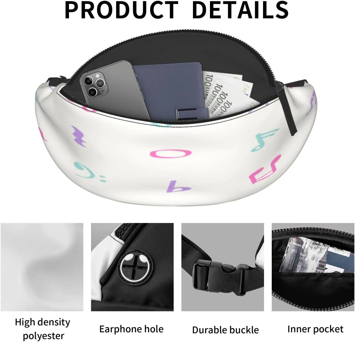 Music Note Fanny Pack, Crossbody Waist Packs for Women Men Waist Bags with Adjustable Strap for Travel Running Hiking Sport