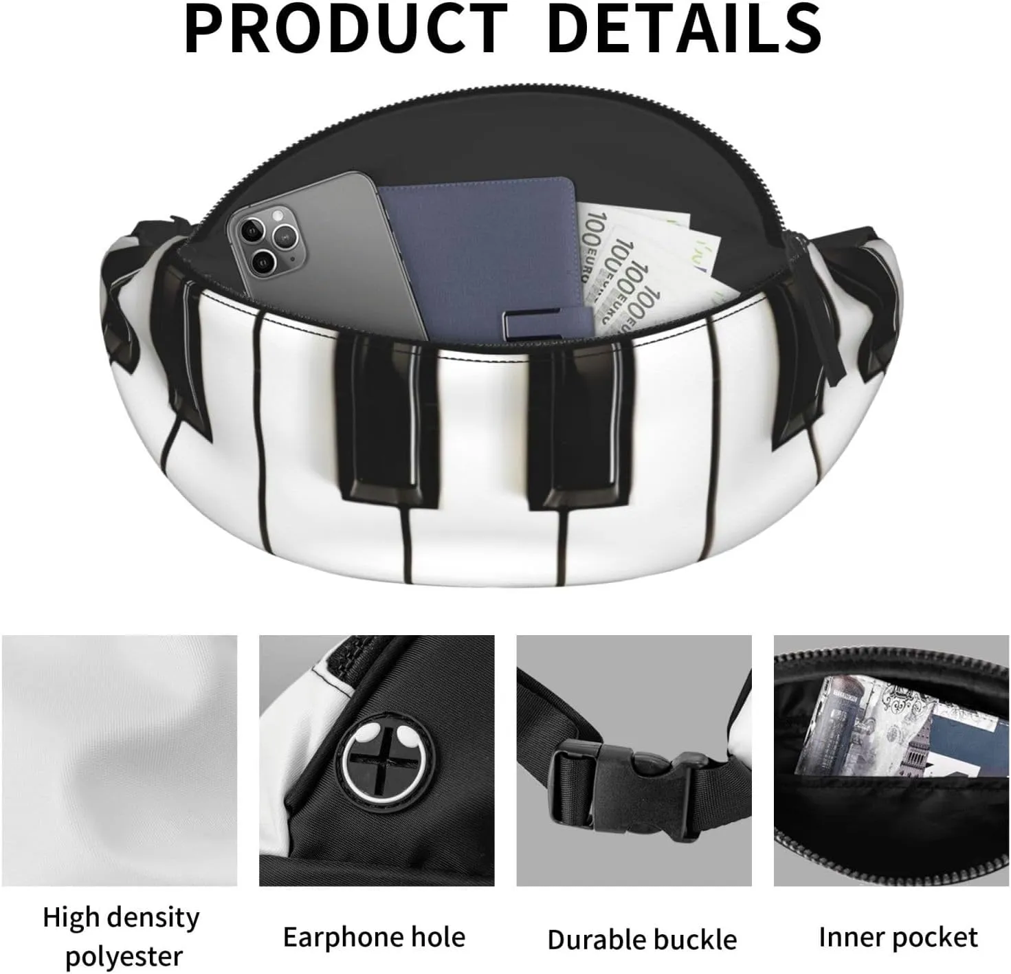 Music Piano Keys Fanny Pack, Crossbody Waist Packs for Women Men Waist Bags with Adjustable Strap for Travel Running Hiking Sport