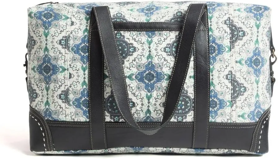 Myra Bag Western Leather Duffle Bag for Women - Upcycled Canvas Shoulder Travel Bag Gray, S-9573