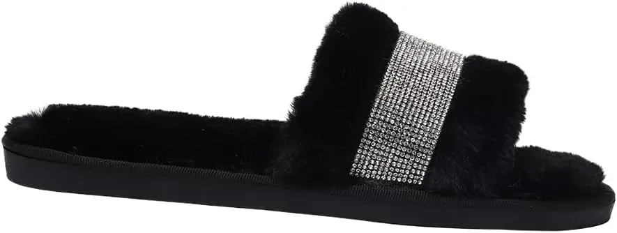 Natalie Mills Rhinestone Faux Fur House Shoes - Open Toe Slippers with Massage Technology for Summer & Winter Glamping