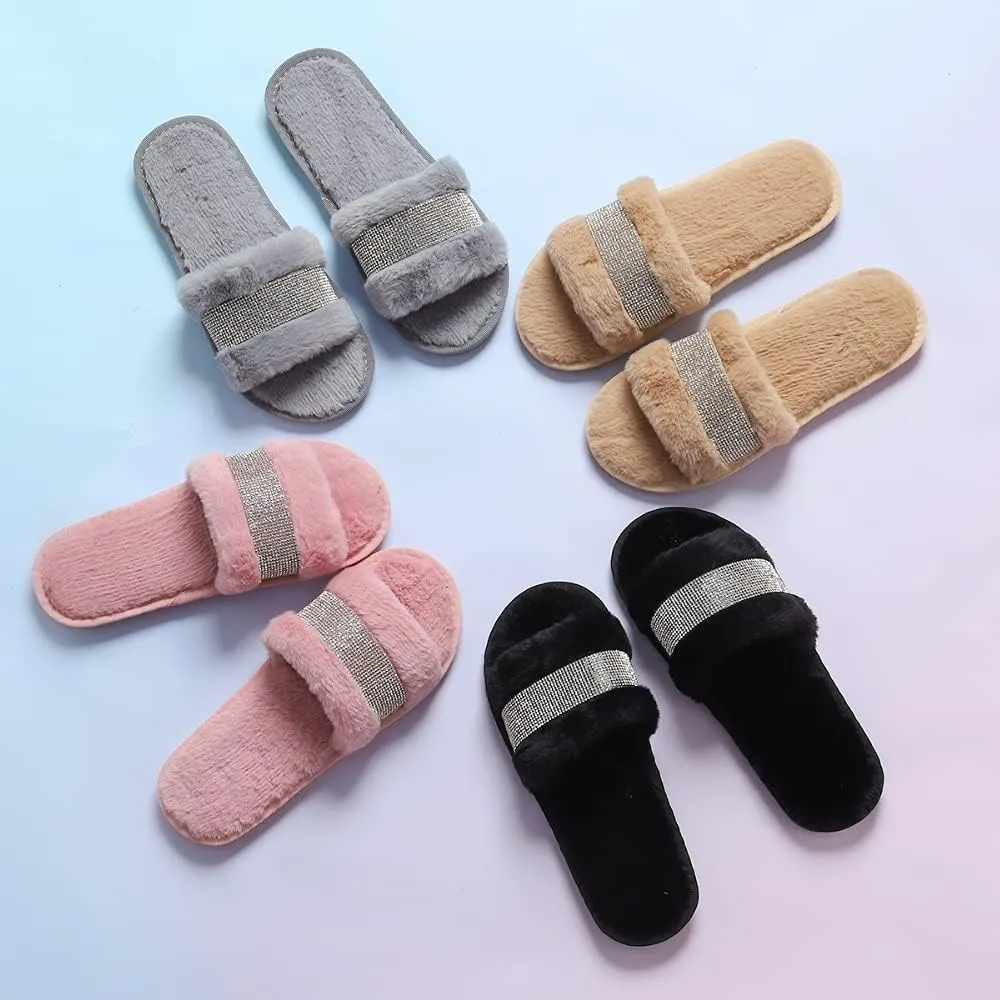 Natalie Mills Rhinestone Faux Fur House Shoes - Open Toe Slippers with Massage Technology for Summer & Winter Glamping