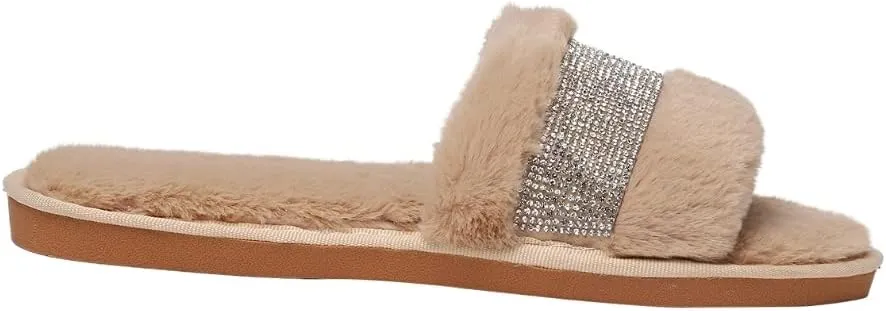 Natalie Mills Rhinestone Faux Fur House Shoes - Open Toe Slippers with Massage Technology for Summer & Winter Glamping