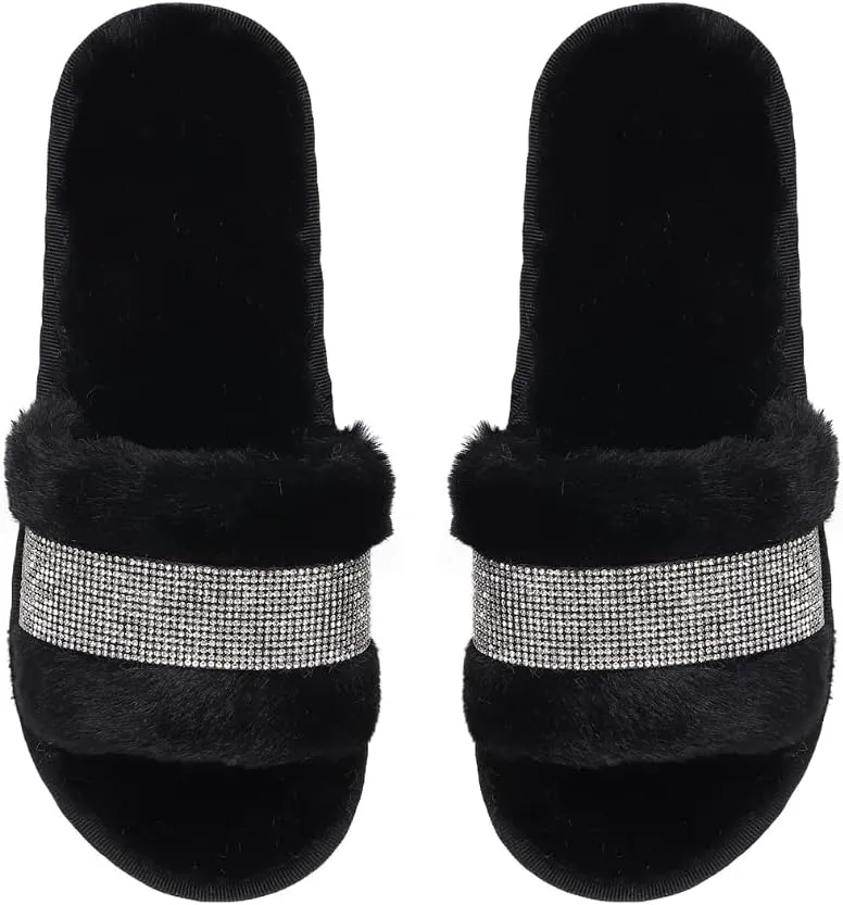 Natalie Mills Rhinestone Faux Fur House Shoes - Open Toe Slippers with Massage Technology for Summer & Winter Glamping