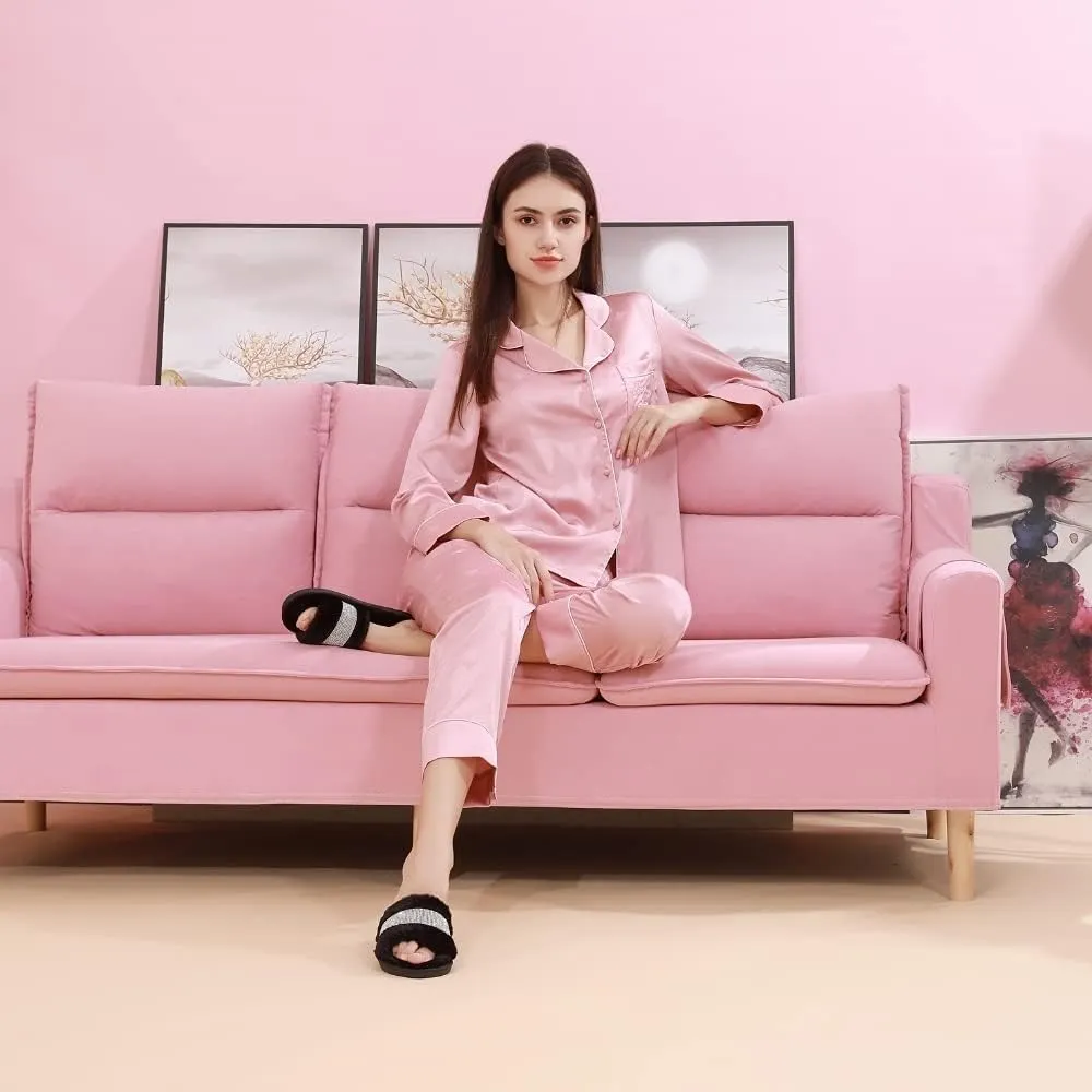 Natalie Mills Rhinestone Faux Fur House Shoes - Open Toe Slippers with Massage Technology for Summer & Winter Glamping