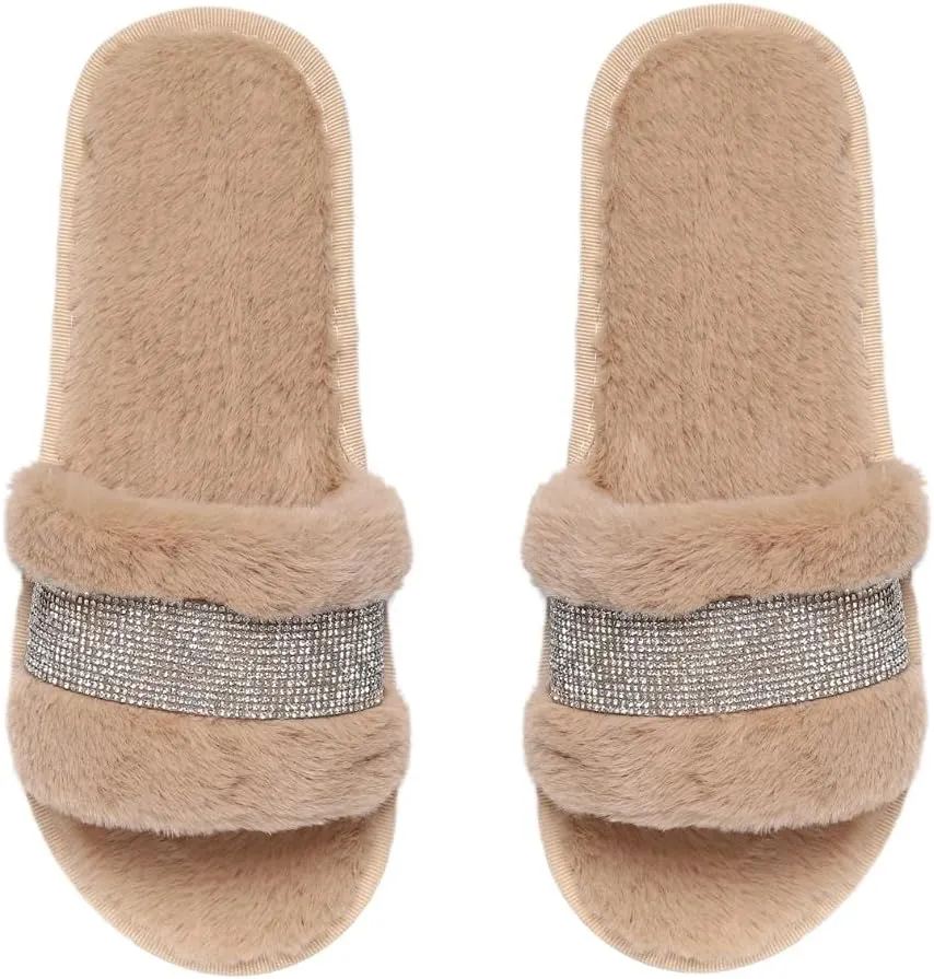 Natalie Mills Rhinestone Faux Fur House Shoes - Open Toe Slippers with Massage Technology for Summer & Winter Glamping