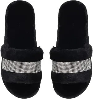 Natalie Mills Rhinestone Faux Fur House Shoes - Open Toe Slippers with Massage Technology for Summer & Winter Glamping