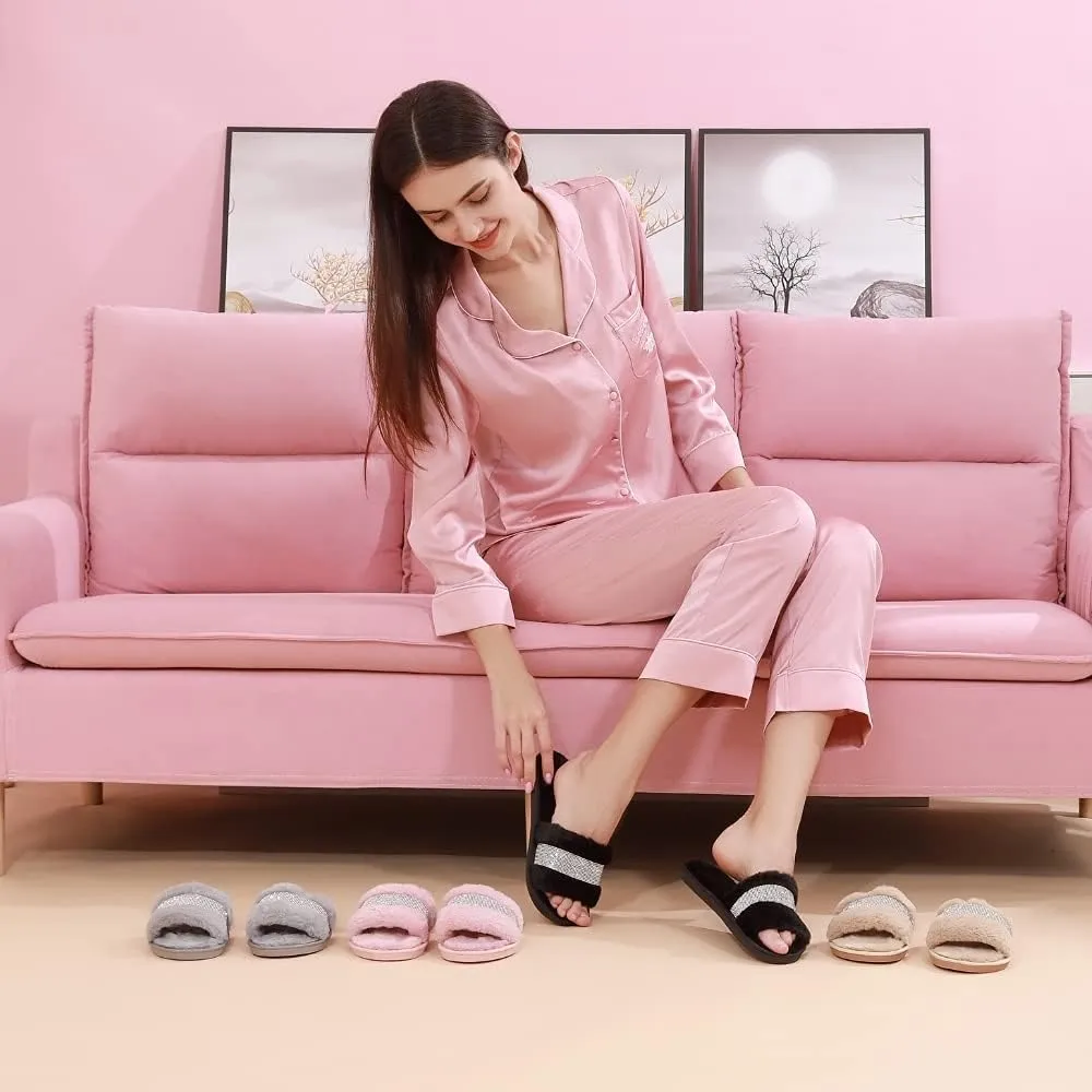 Natalie Mills Rhinestone Faux Fur House Shoes - Open Toe Slippers with Massage Technology for Summer & Winter Glamping