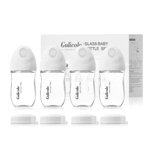 Natural Glass Baby Bottle 4 Pack, Newborn Breastfeeding Bottles Set, Extra Slow Flow Nipples (SS), Anti Colic, 0 Months , 5 oz - White
