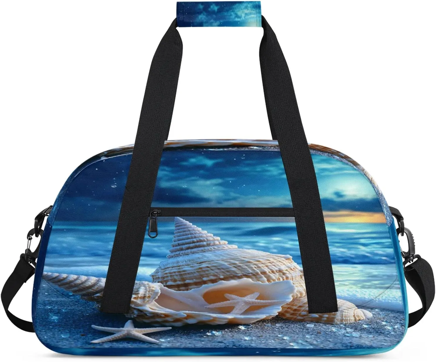 Nautical Coastal Sports Duffle Gym Bags for Men or Women, Starfish Seashell Coral Beach Lightweight Carry On Overnight Weekender Bag for Travel Workout