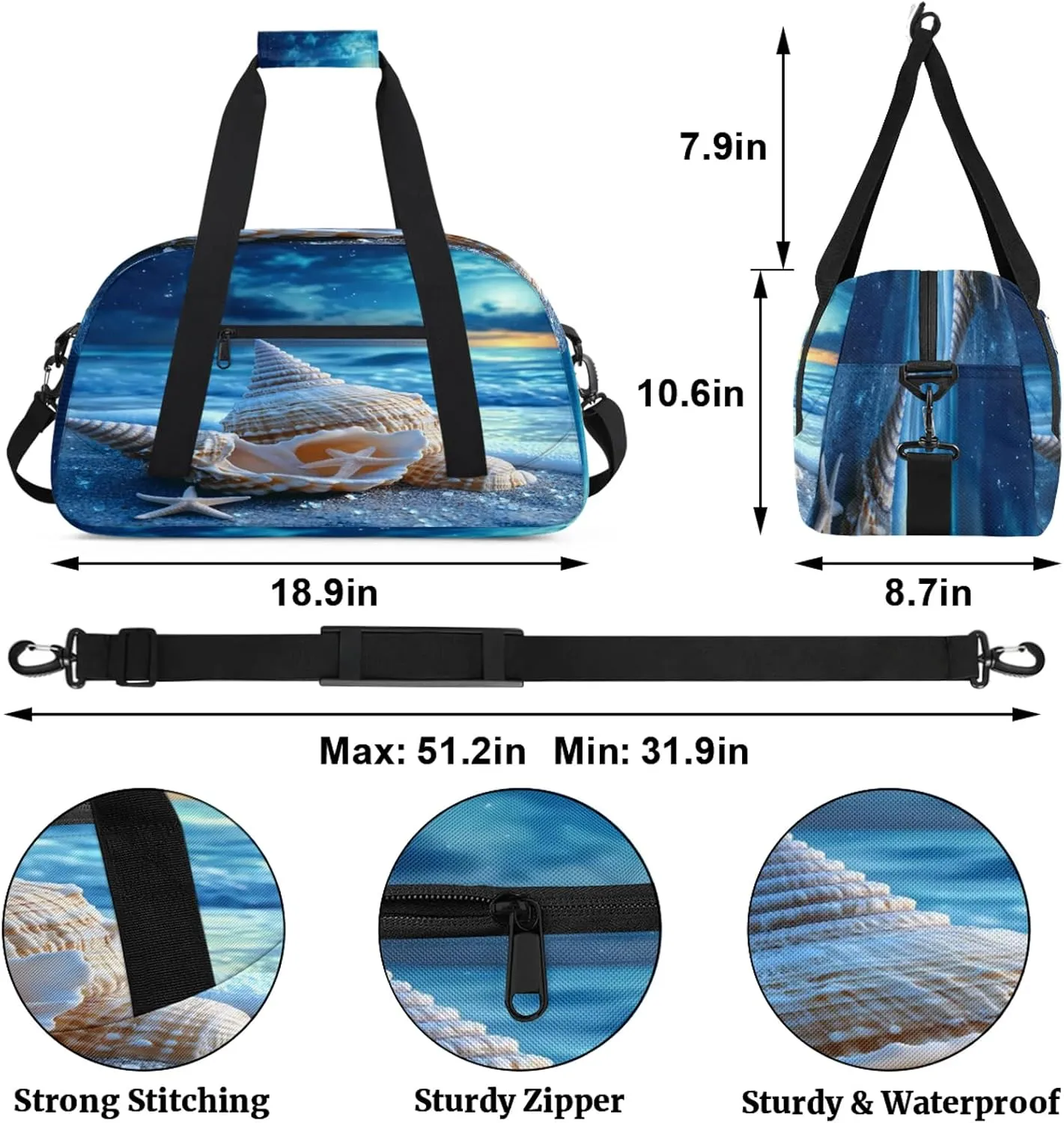 Nautical Coastal Sports Duffle Gym Bags for Men or Women, Starfish Seashell Coral Beach Lightweight Carry On Overnight Weekender Bag for Travel Workout