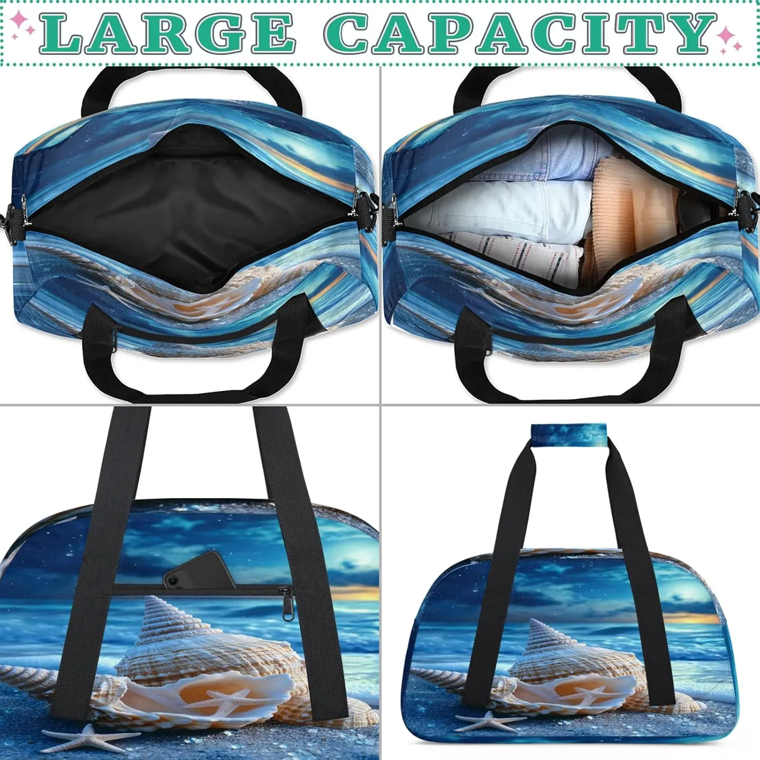 Nautical Coastal Sports Duffle Gym Bags for Men or Women, Starfish Seashell Coral Beach Lightweight Carry On Overnight Weekender Bag for Travel Workout