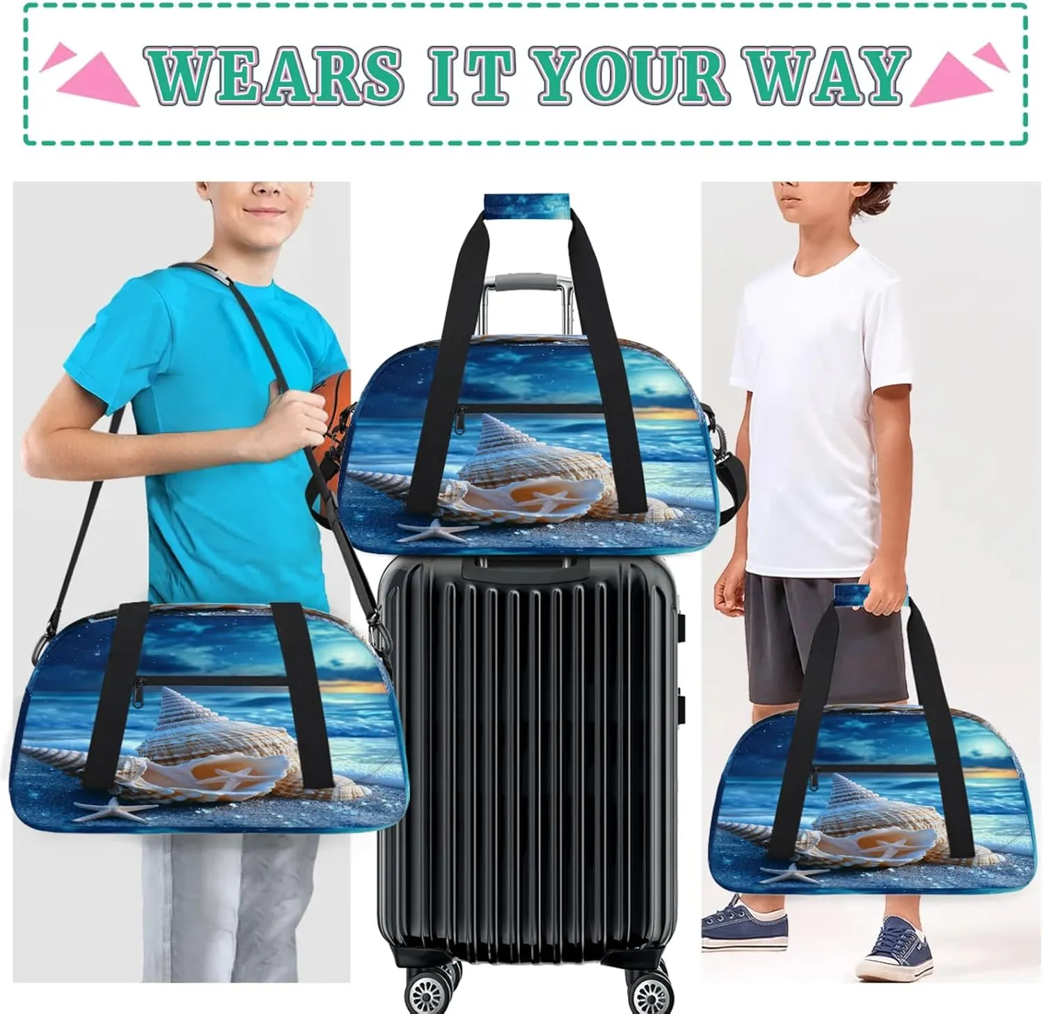 Nautical Coastal Sports Duffle Gym Bags for Men or Women, Starfish Seashell Coral Beach Lightweight Carry On Overnight Weekender Bag for Travel Workout