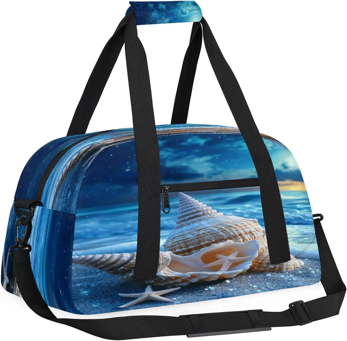 Nautical Coastal Sports Duffle Gym Bags for Men or Women, Starfish Seashell Coral Beach Lightweight Carry On Overnight Weekender Bag for Travel Workout