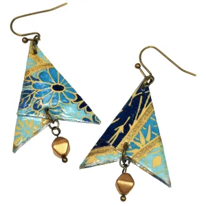 Navy Denim Light Blue Paper Origami Arrowhead and Glass Bead Geometric Shaped Earrings, Jewelry Gift