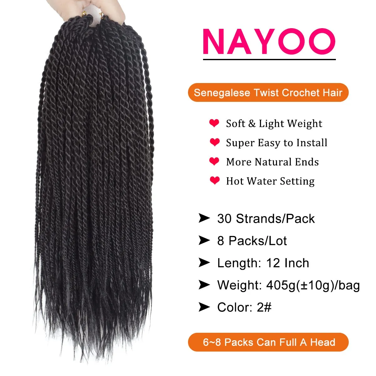 NAYOO Crochet Hair for Kids - 8 Packs 12 Inch Short Crochet Hair For Black Women, 30 Strands/Pack Small Twist Crochet Hair Hot Water Setting, Crochet Twist Braids Hair with Natural Ends(12 Inch, 2#)
