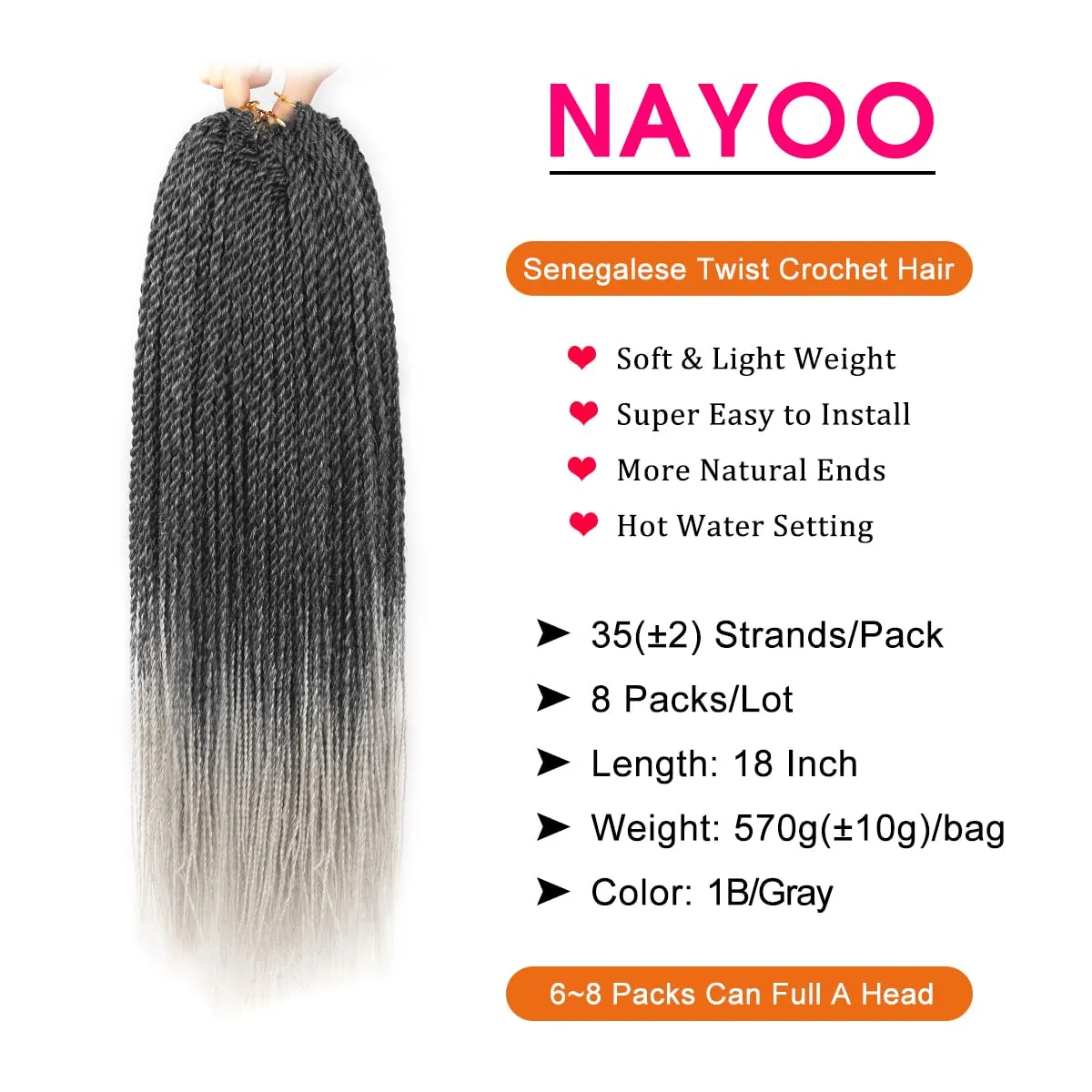 NAYOO Senegalese Twist Crochet Hair - 8 Packs 18 Inch Small Crochet Hair, 35 Strands/Pack Crochet Braids for Black Women, Crochet Twist Hair Braiding Hot Water Setting(18 Inch, 1B/Gray)