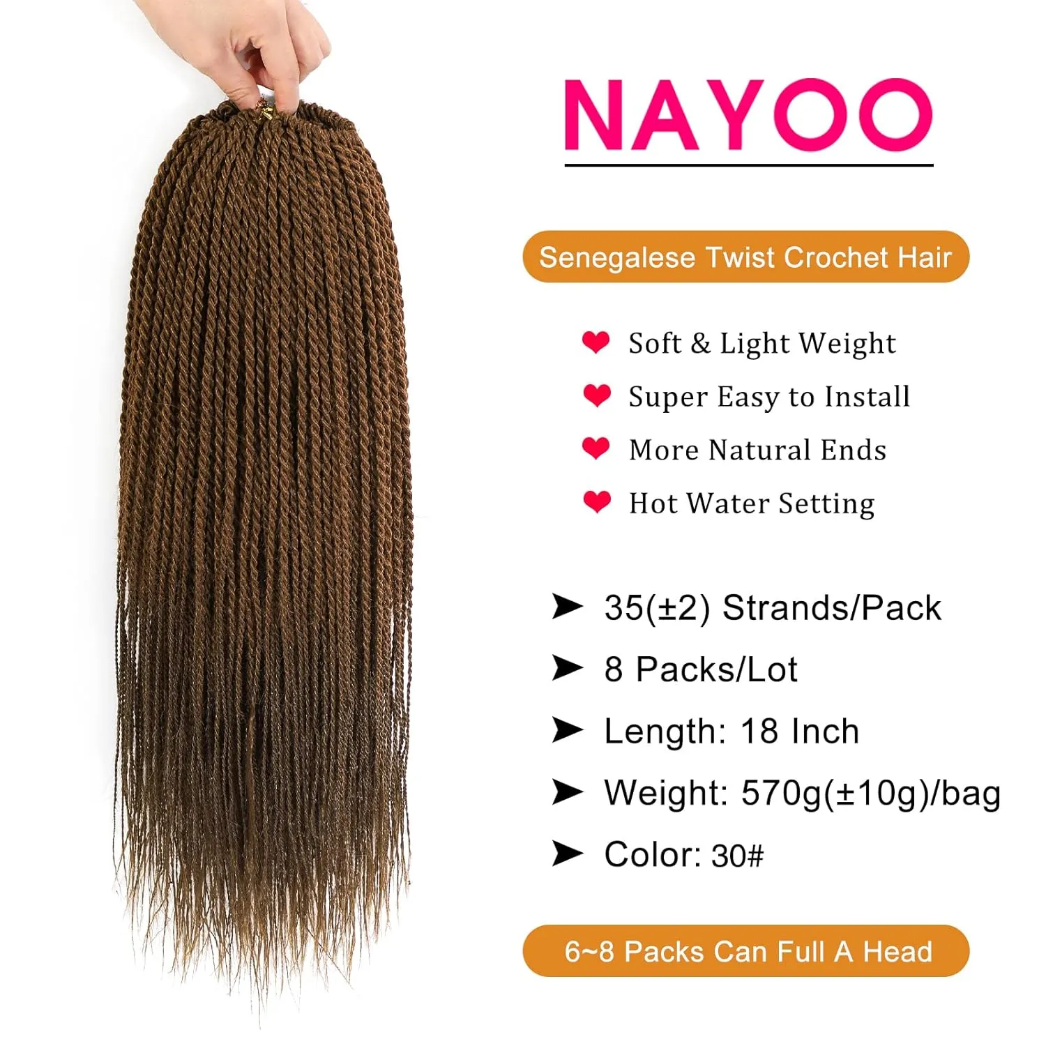 NAYOO Twist Crochet Hair - 18 Inch 8 Packs Senegalese Twist Crochet Hair Pre-Looped, 35 Strands/Pack Crochet Twist Hot Water Setting, Ombre Crochet Hair for Black Women (18 Inch, 30#)