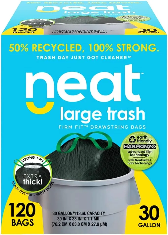 Neat Tall Kitchen 30 Gallon Drawstring Trash Bags - (MEGA 120 COUNT) - Triple Ply Fortified, Eco-Friendly 50% Recycled Material, Neutralize  Odor Technology, Reversible Black and White Garbage Bags