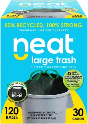 Neat Tall Kitchen 30 Gallon Drawstring Trash Bags - (MEGA 120 COUNT) - Triple Ply Fortified, Eco-Friendly 50% Recycled Material, Neutralize  Odor Technology, Reversible Black and White Garbage Bags
