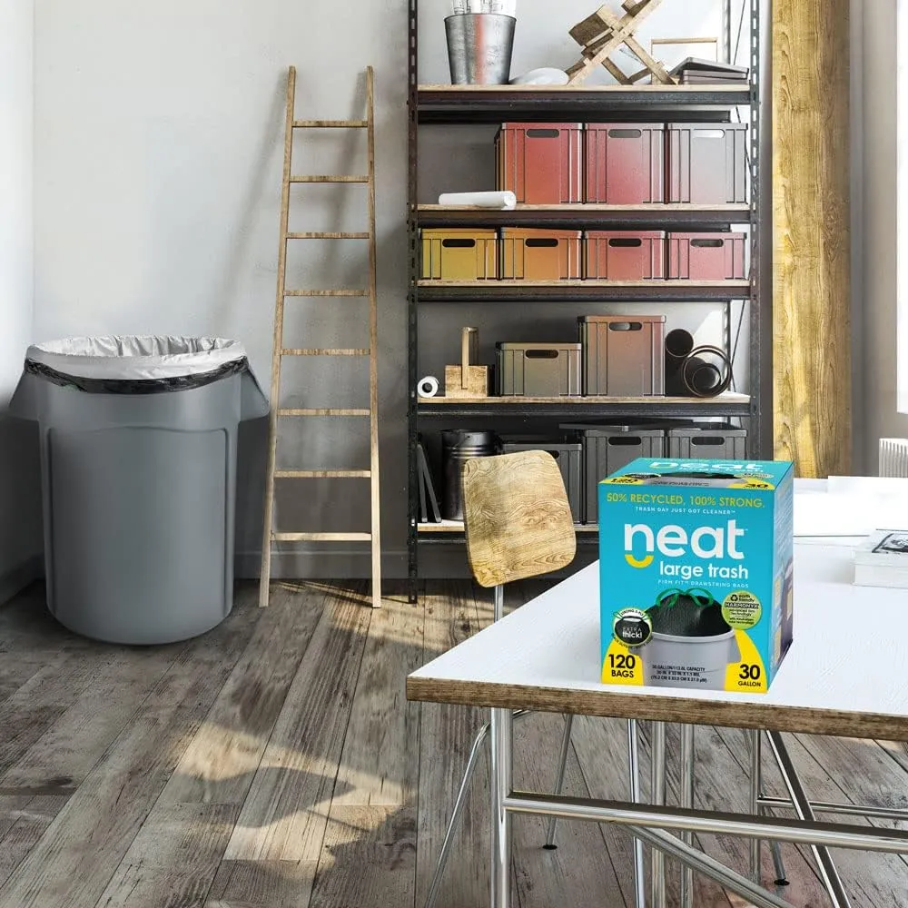 Neat Tall Kitchen 30 Gallon Drawstring Trash Bags - (MEGA 120 COUNT) - Triple Ply Fortified, Eco-Friendly 50% Recycled Material, Neutralize  Odor Technology, Reversible Black and White Garbage Bags