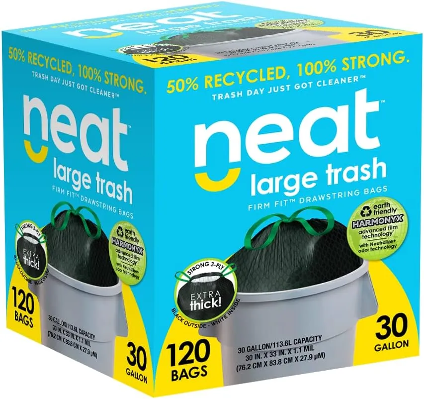 Neat Tall Kitchen 30 Gallon Drawstring Trash Bags - (MEGA 120 COUNT) - Triple Ply Fortified, Eco-Friendly 50% Recycled Material, Neutralize  Odor Technology, Reversible Black and White Garbage Bags