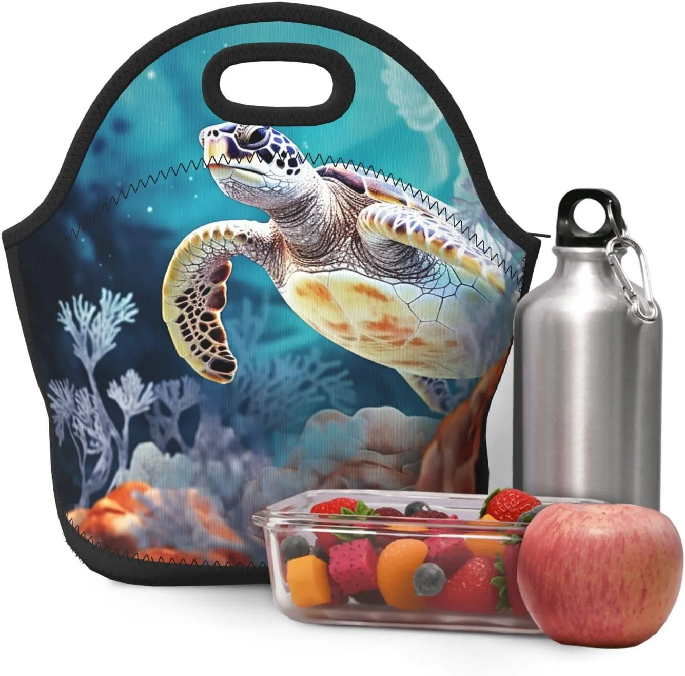 Neoprene Lunch Bags Turtle surrounded by coral Print Insulated Lunch Tote Bag Reusable Thermal Cooler Lunch Container Box for Work Travel Picnic
