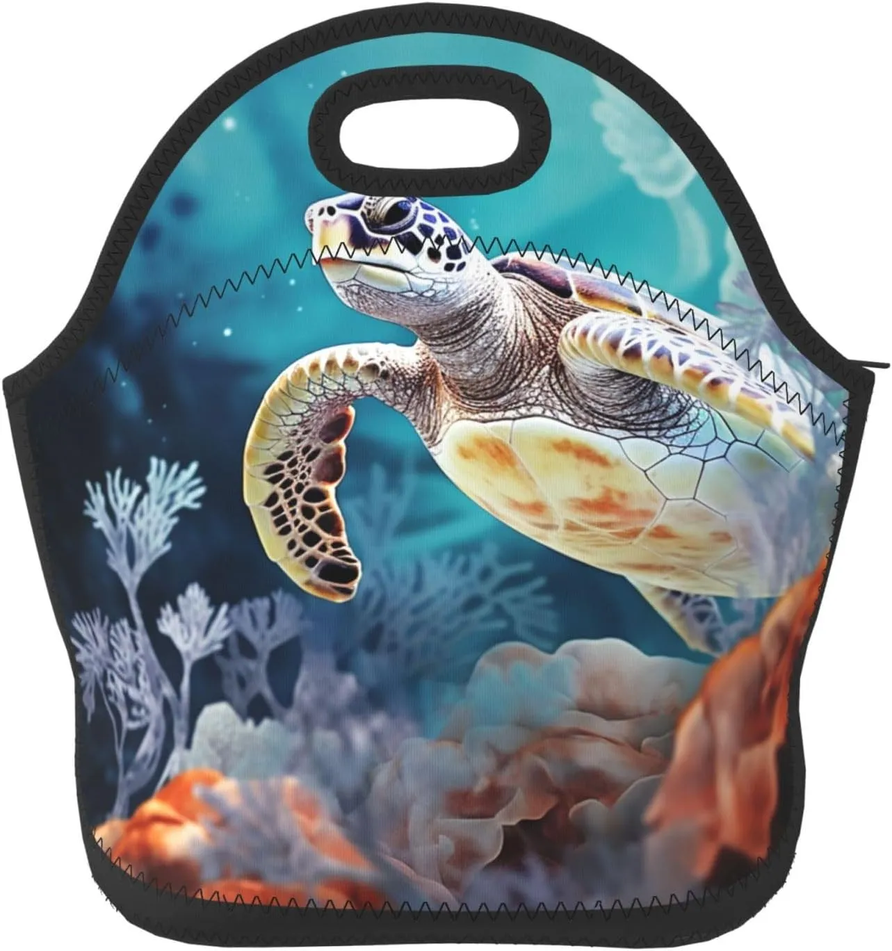 Neoprene Lunch Bags Turtle surrounded by coral Print Insulated Lunch Tote Bag Reusable Thermal Cooler Lunch Container Box for Work Travel Picnic