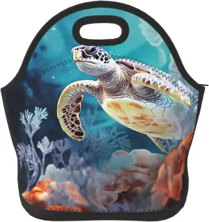 Neoprene Lunch Bags Turtle surrounded by coral Print Insulated Lunch Tote Bag Reusable Thermal Cooler Lunch Container Box for Work Travel Picnic