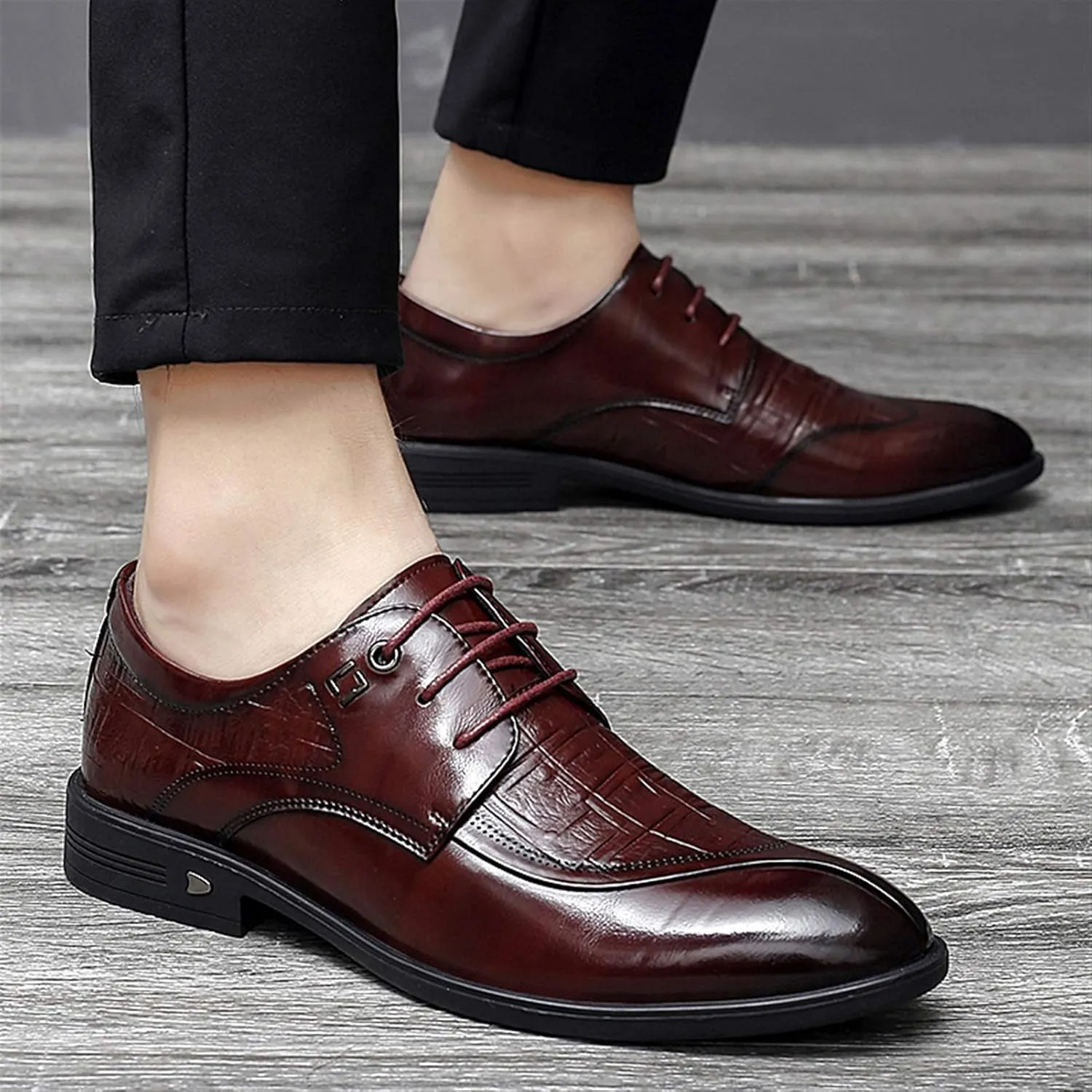 New Dress Oxford Shoes for Men Lace Up Split Round Toe Crocodile Embossed Derby Shoes Vegan Leather Low Top Block Heel Anti-Slip Resistant Non Slip Prom