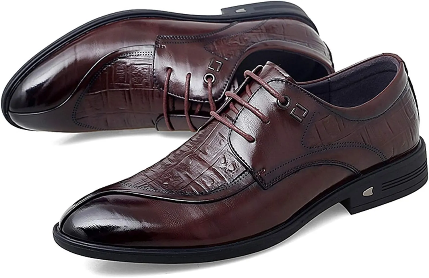 New Dress Oxford Shoes for Men Lace Up Split Round Toe Crocodile Embossed Derby Shoes Vegan Leather Low Top Block Heel Anti-Slip Resistant Non Slip Prom