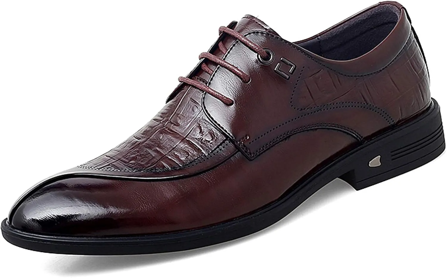 New Dress Oxford Shoes for Men Lace Up Split Round Toe Crocodile Embossed Derby Shoes Vegan Leather Low Top Block Heel Anti-Slip Resistant Non Slip Prom