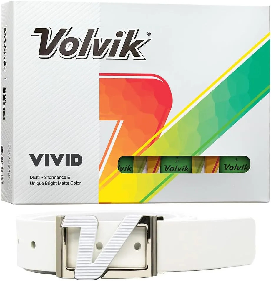 New Volvik Vivid Multi-Performance and 3-Piece Construction Unique Bright Matte Color Finish Golf Ball. 1 Dozen (Green) with 100% Genuine Italian Leather Belt, White