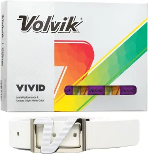 New Volvik Vivid Multi-Performance and 3-Piece Construction Unique Bright Matte Color Finish Golf Ball. 1 Dozen (Purple) with 100% Genuine Italian Leather Belt, White