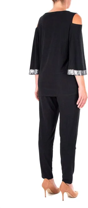 NINA LEONARD Boat Neck Cutout Shoulder Embellished Cuff top with Elastic Waist Pant Black/S, Small