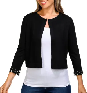 Nina Leonard Crew Neck Hook Closure 3/4 Sleeve Embellished Cuff Solid Knit Bolero Black/S
