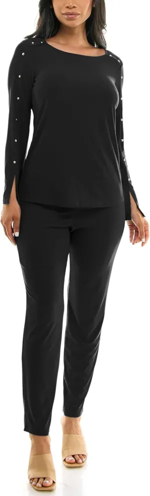 Nina Leonard scoop neck embellished shoulder long sleeve with elastic waist pant BLACK/L, Large