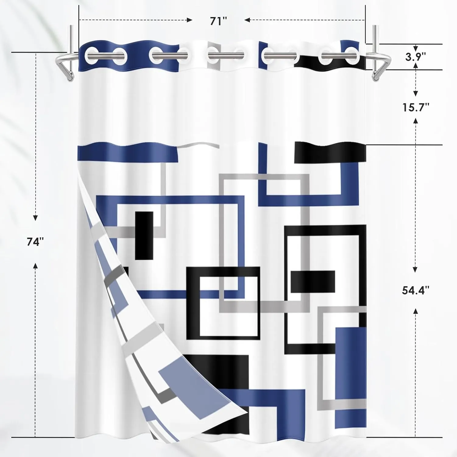 No Hook Blue Geometric Vintage Checkered Shower Curtain with Snap in Fabric Liner Set, Double Layers Waterproof Fabric with See Through Top Window Open Grommet Bath Curtain 71x74 Inch