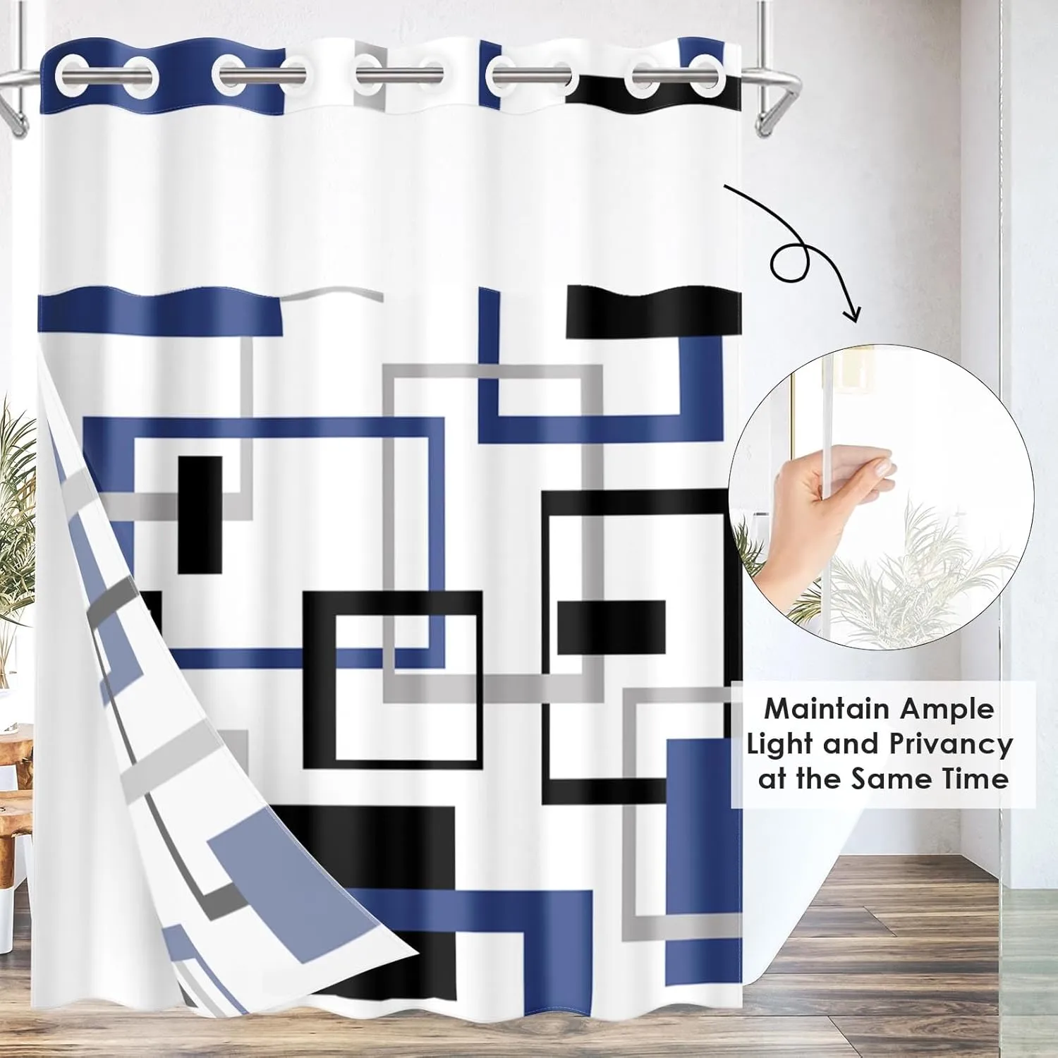 No Hook Blue Geometric Vintage Checkered Shower Curtain with Snap in Fabric Liner Set, Double Layers Waterproof Fabric with See Through Top Window Open Grommet Bath Curtain 71x74 Inch