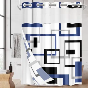 No Hook Blue Geometric Vintage Checkered Shower Curtain with Snap in Fabric Liner Set, Double Layers Waterproof Fabric with See Through Top Window Open Grommet Bath Curtain 71x74 Inch