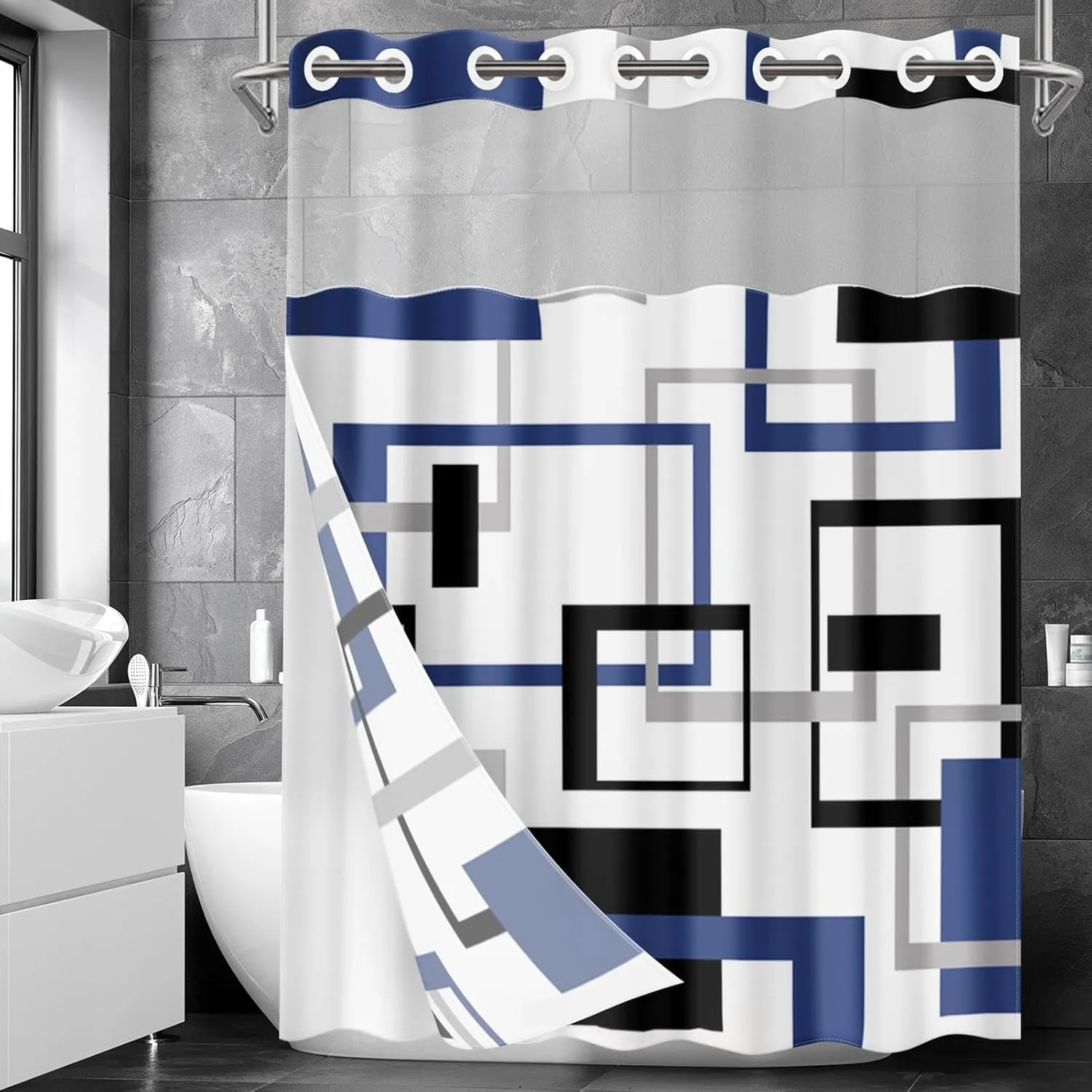 No Hook Blue Geometric Vintage Checkered Shower Curtain with Snap in Fabric Liner Set, Double Layers Waterproof Fabric with See Through Top Window Open Grommet Bath Curtain 71x74 Inch