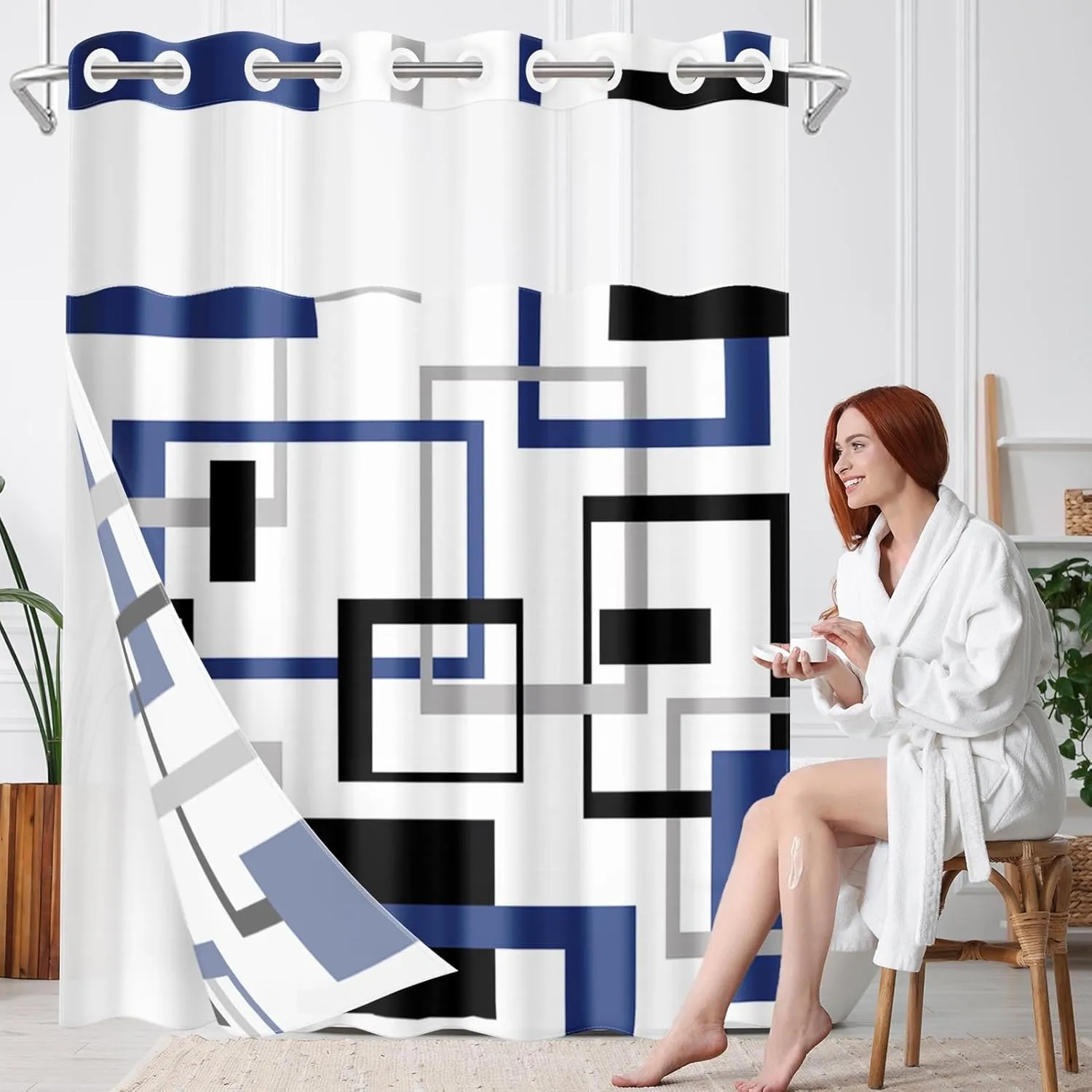 No Hook Blue Geometric Vintage Checkered Shower Curtain with Snap in Fabric Liner Set, Double Layers Waterproof Fabric with See Through Top Window Open Grommet Bath Curtain 71x74 Inch