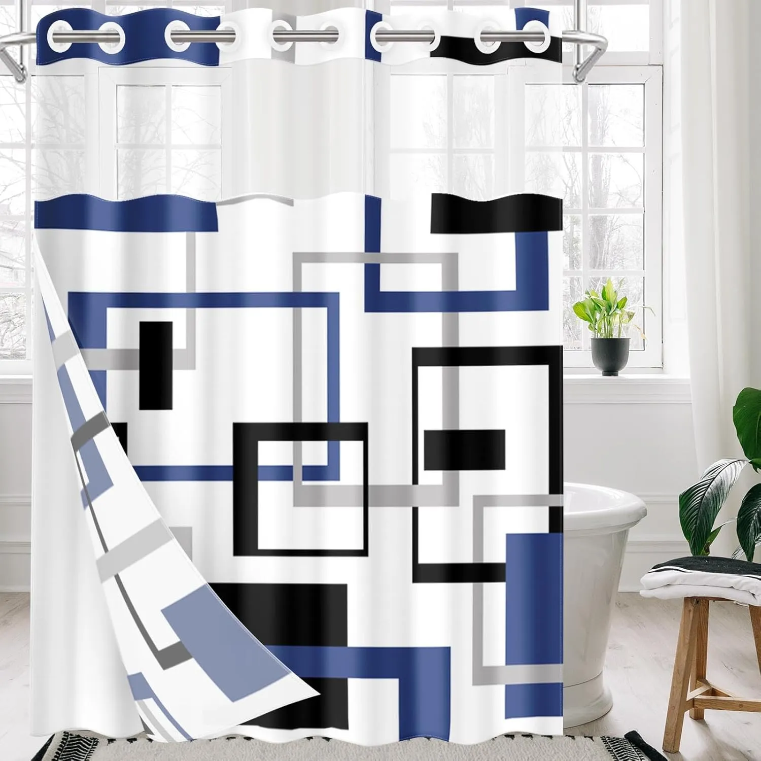 No Hook Blue Geometric Vintage Checkered Shower Curtain with Snap in Fabric Liner Set, Double Layers Waterproof Fabric with See Through Top Window Open Grommet Bath Curtain 71x74 Inch